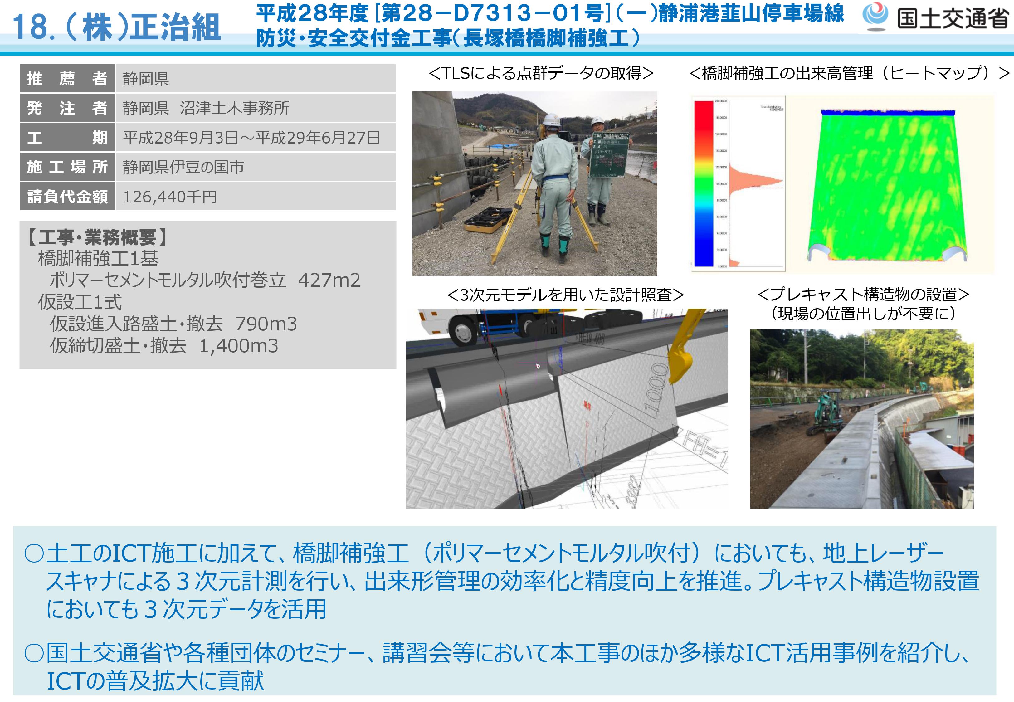 正治組の取り組み事例。ICT重機の活動だけにとどまらず、点群データの活用がどこまでできるのかを追及した事例であり、土工以外では使えないのかという疑問に対して、どこまでできるかを挑戦した事例だと思われる。国土交通省「i-Construction大賞受賞取組概要（地公体等発注工事/業務部門）」より