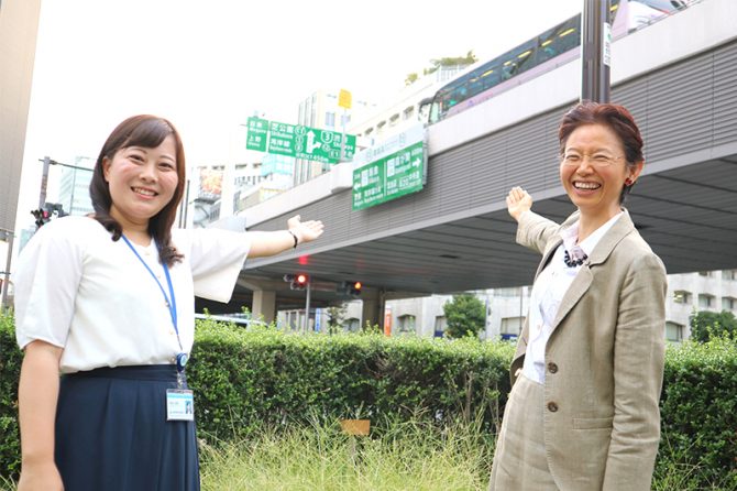 首都高速都心環状線（C1）と「首都高ドボジョ」の三村啓子さん（右）と徳田裕美さん