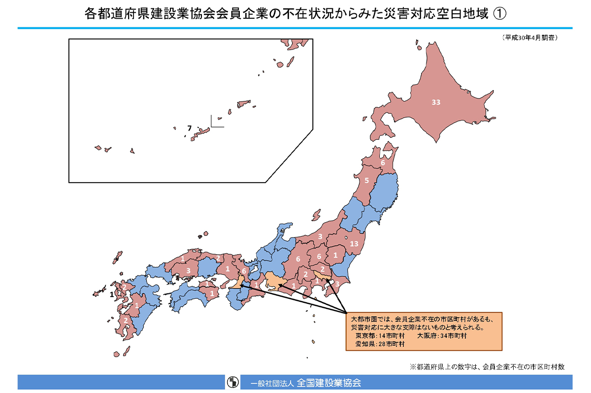 災害対応空白地域の状況 / 出典：全国建設業協会