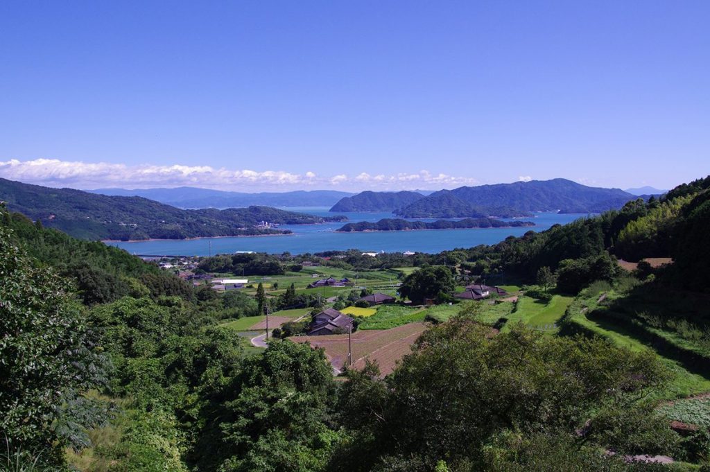 倉岳から望む棚田と八代海に浮かぶ島々