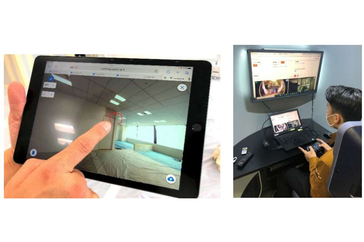 現場にいる職人がiPadに書き込むとリアルタイムで反映(左)、パソコンからロボットを遠隔操作(右)