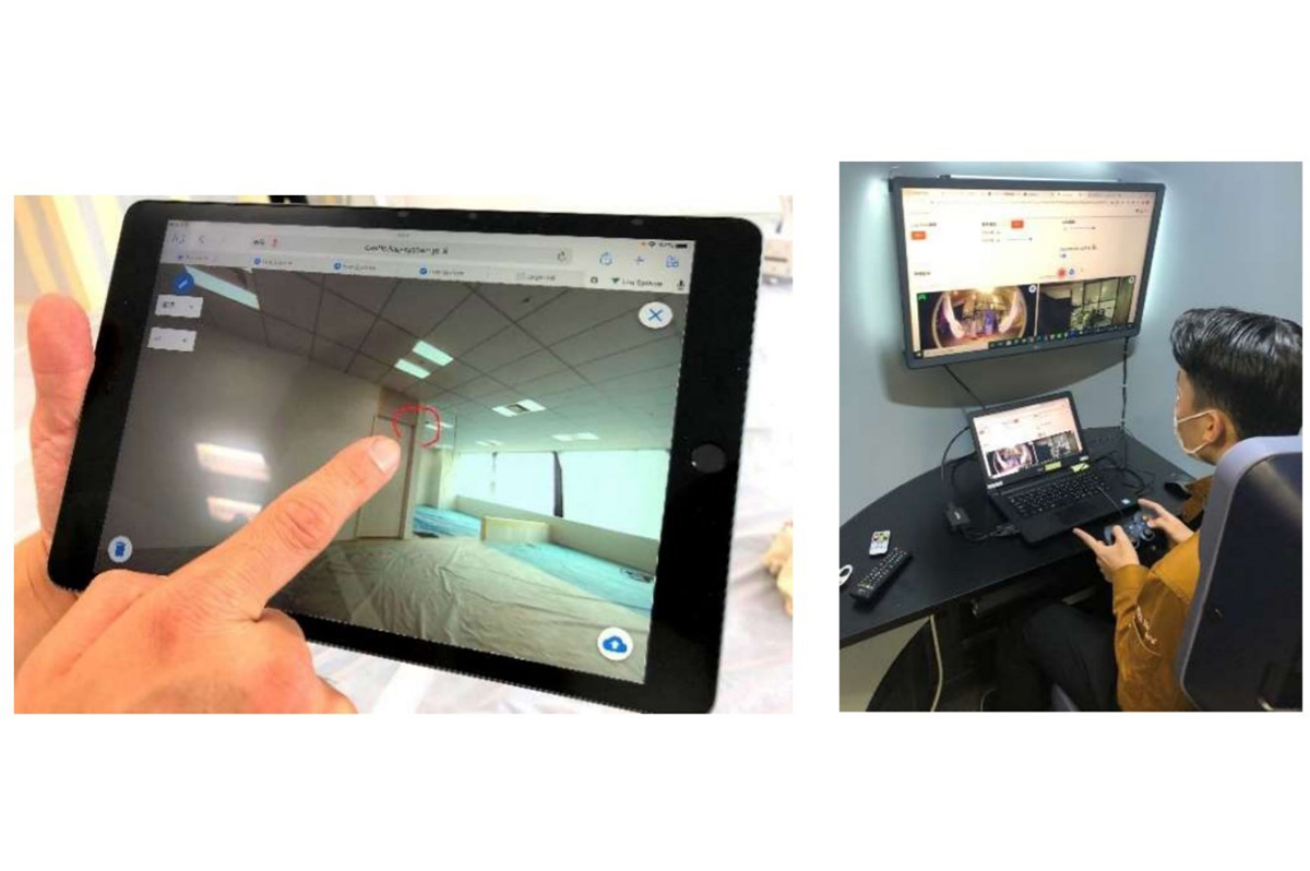 現場にいる職人がiPadに書き込むとリアルタイムで反映（左）、パソコンからロボットを遠隔操作（右）