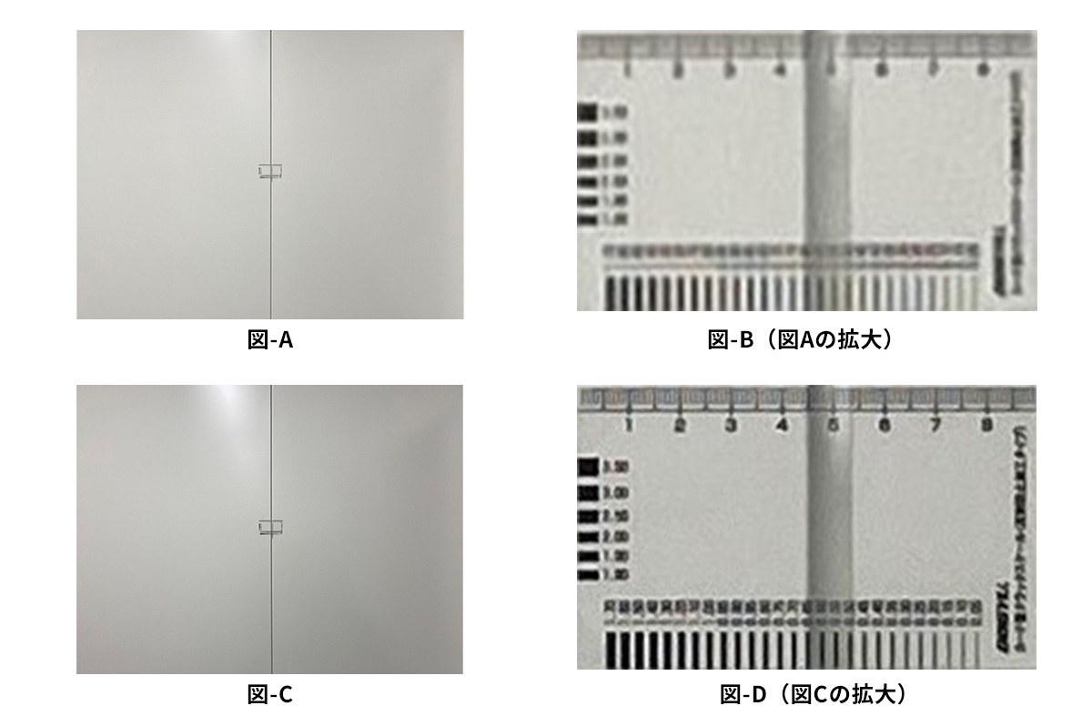 図-Aと図-Cは一見相違を見出せないが、それぞれの画像を拡大した図-Bと図-Dでは精細さが相違する。図-Bではクラックゲージの数字を判読できないが、図-Dでは判読できる。図-Aと図-Bは画素分解能(1ピクセルあたりに写る寸法)が相違しており、少なくともこの情報などがないと、どれくらいの細かなものが写っているか分からない。クラックゲージの数字を判読することが必要であれば、少なくとも図-Cの画素分解能となるように精度管理を行ない、撮影をする必要があることになる。