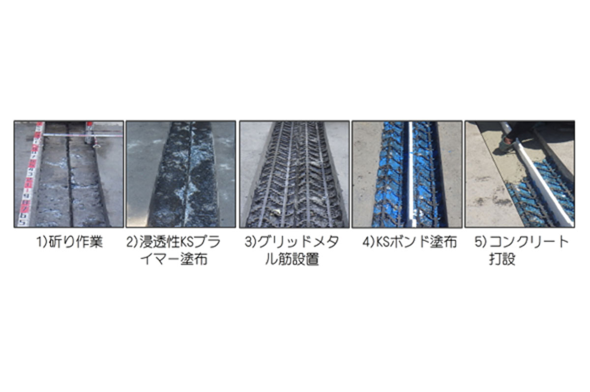 写真-4：グリッドメタル筋を配置した不陸修正（EQM-J-G工法）