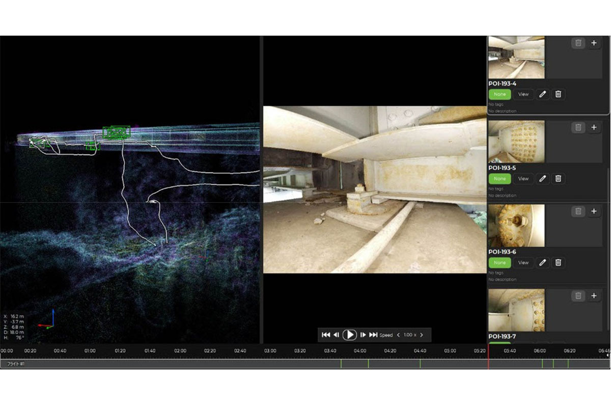 フライトデータ解析ソフト「Inspector」にて、飛行データ画面の内容。左側が3D点群データ、中央が「静止画」、右側は「静止画一覧」