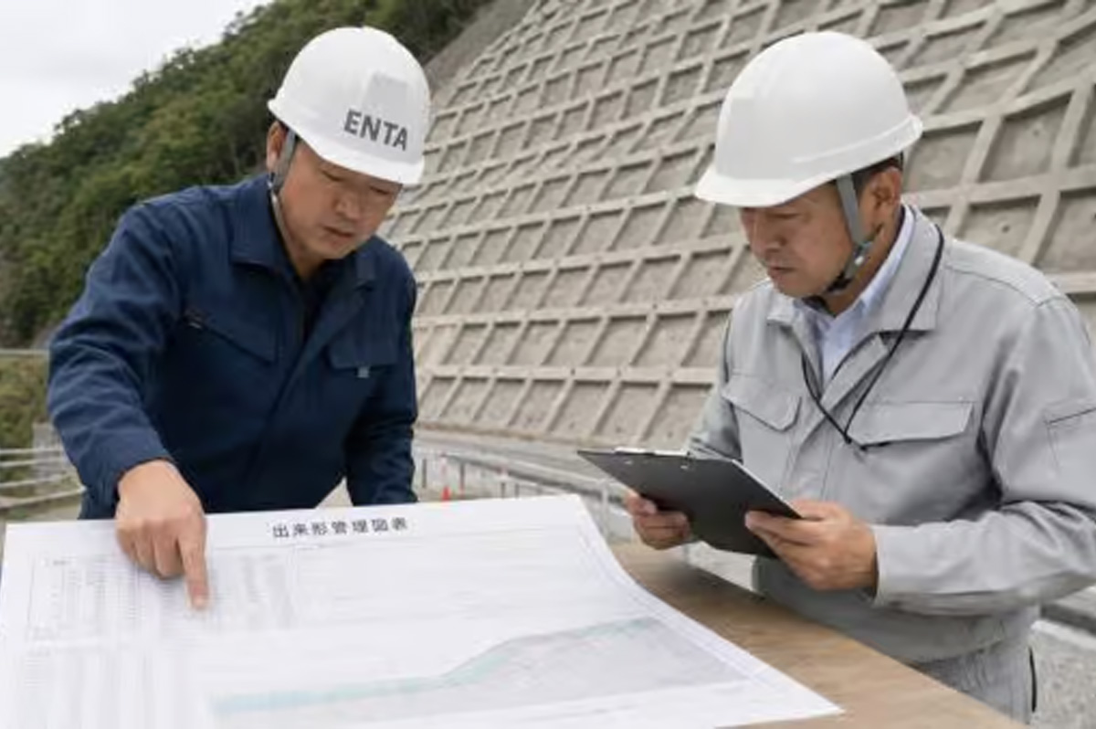 竣工検査で出来形管理図表を前に説明する現場監督と検査官